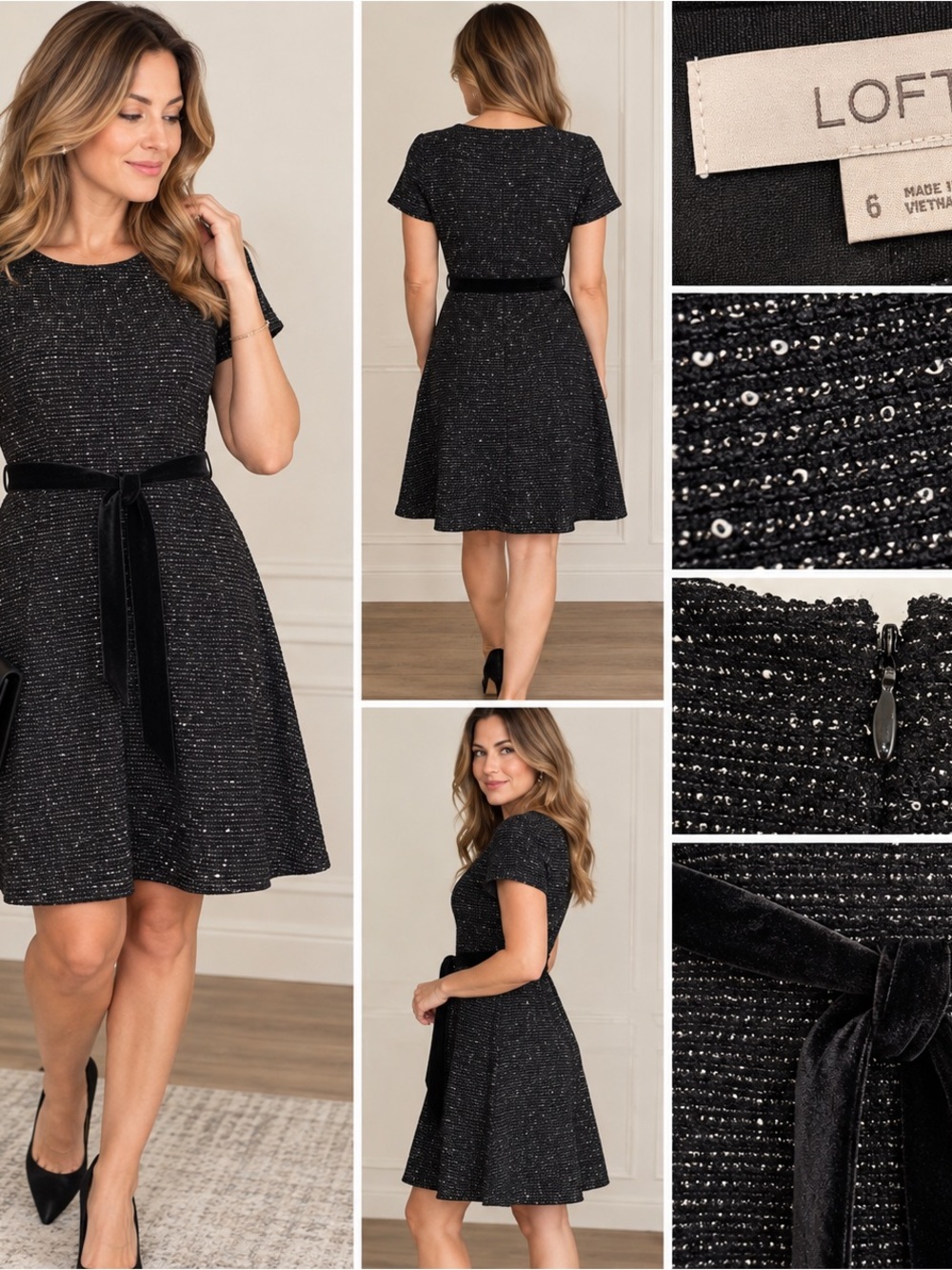 LOFT Black Textured Fit & Flare Dress Velvet Tie Waist Size 6
